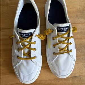 Sperry White Canvas Boat Shoes with Leather Mustard Laces